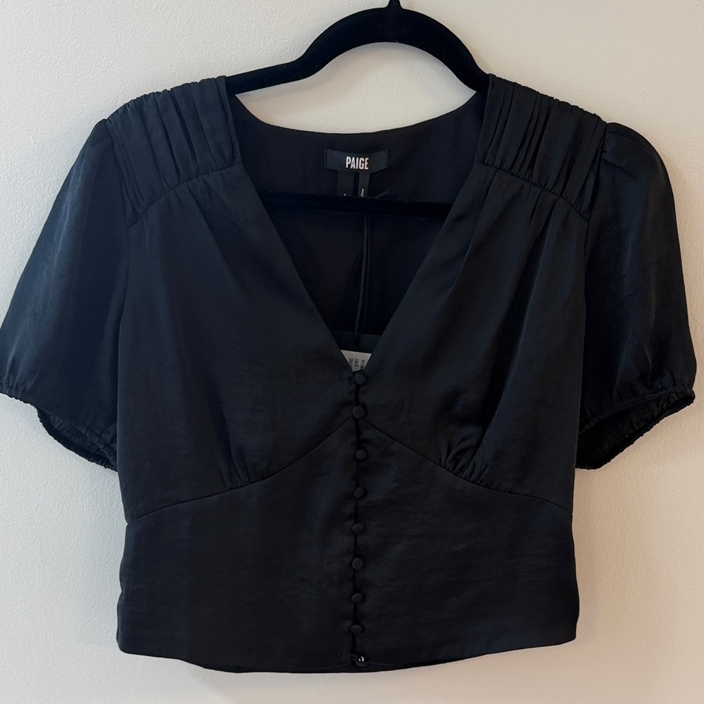 NWT PAIGE Black Satin Button-Front V-Neck Blouse Pleated Shoulder short sleeve 4